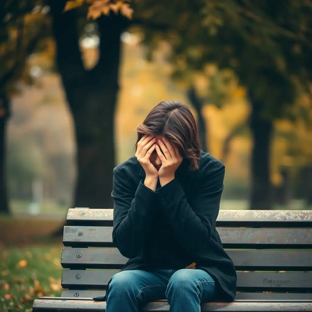 A person sitting on a park bench in autumn, looking thoughtful and sad, suggesting feelings of guilt after a breakup.