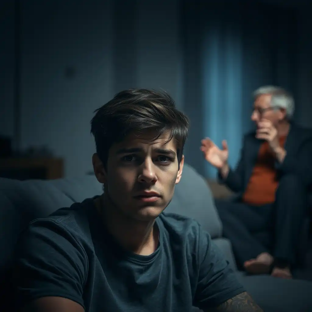 A young person looking stressed while their parents argue in the background.