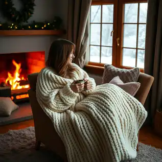 Person wrapped in a cozy blanket, holding a mug by a fireplace, looking at falling snow.