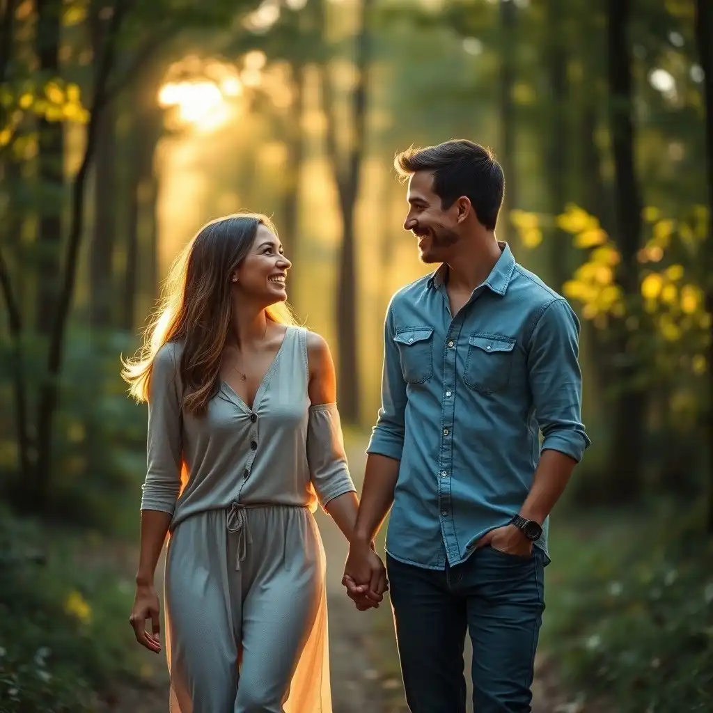 A loving couple walking hand-in-hand through a beautiful forest, symbolizing a healthy and supportive relationship