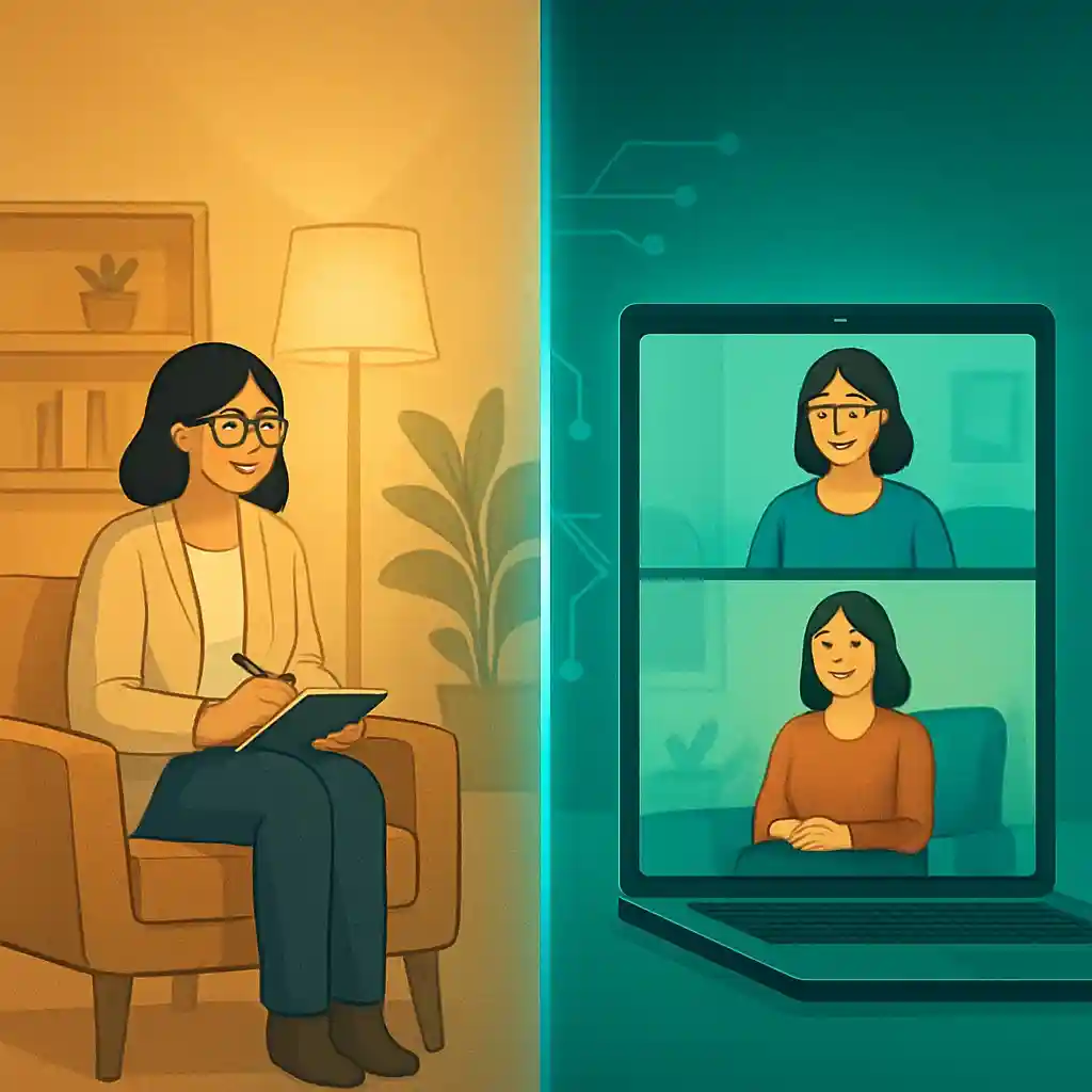 A split image showing a person in a therapy office and another person on a video call