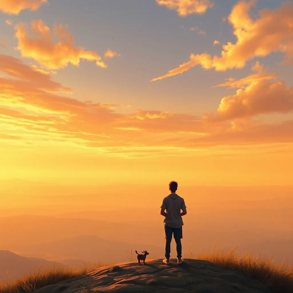 Person standing on a hilltop at sunrise, symbolizing letting go of guilt and finding peace.