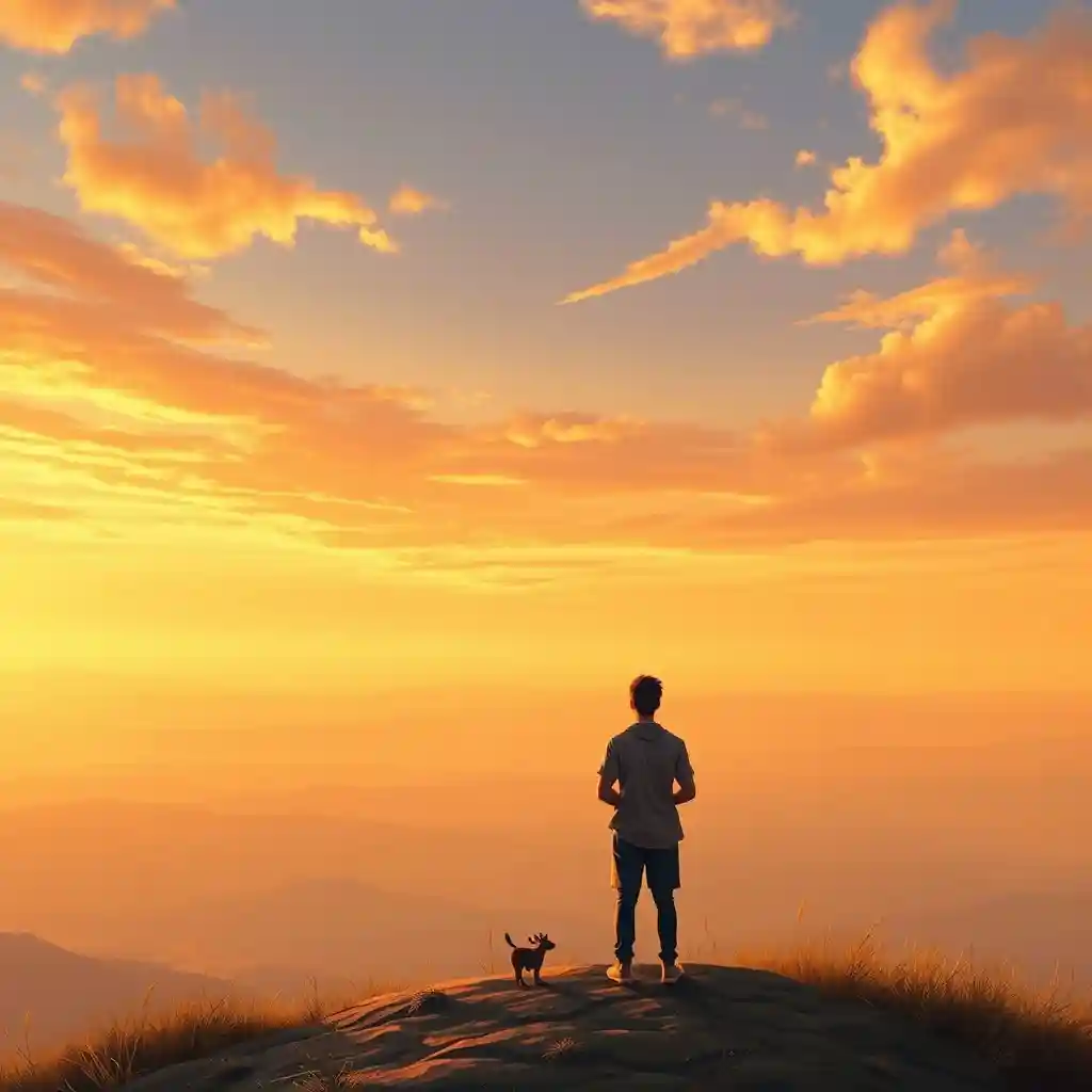 Person standing on a hilltop at sunrise, symbolizing letting go of guilt and finding peace.