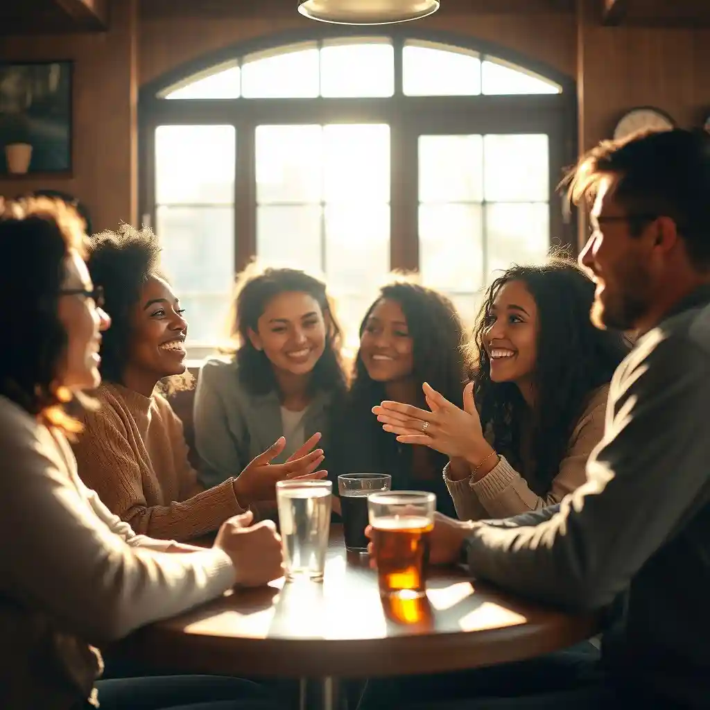 Friends connecting and laughing in a warm cafe, symbolizing healthy boundaries and positive relationships.