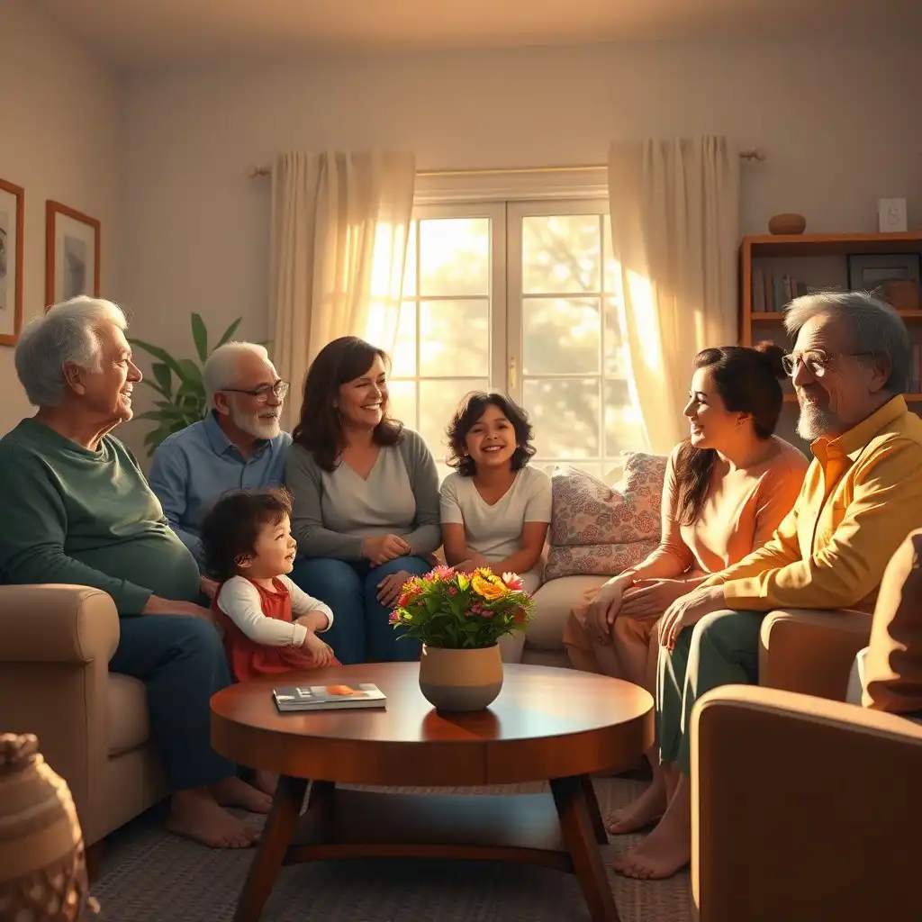 A diverse family enjoying time together in a sunlit living room, conveying warmth, connection, and support.