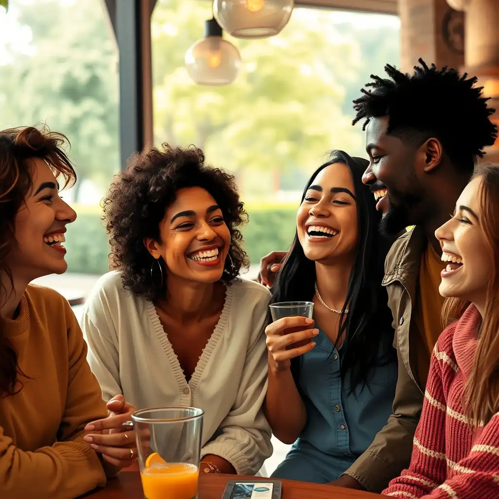 Diverse group of friends laughing and enjoying time together.