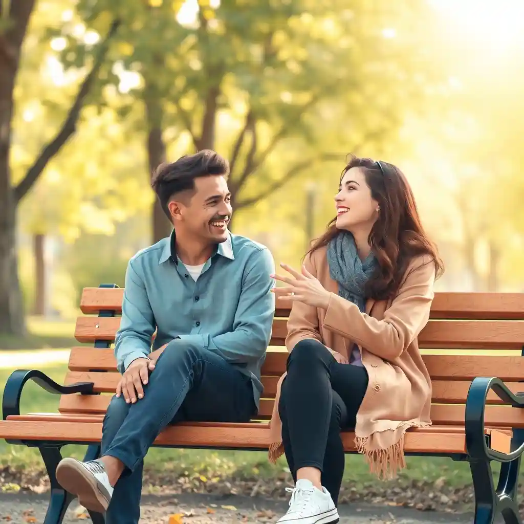 Two friends smiling and talking on a park bench, surrounded by trees and sunlight, symbolizing a strong and healthy platonic relationship