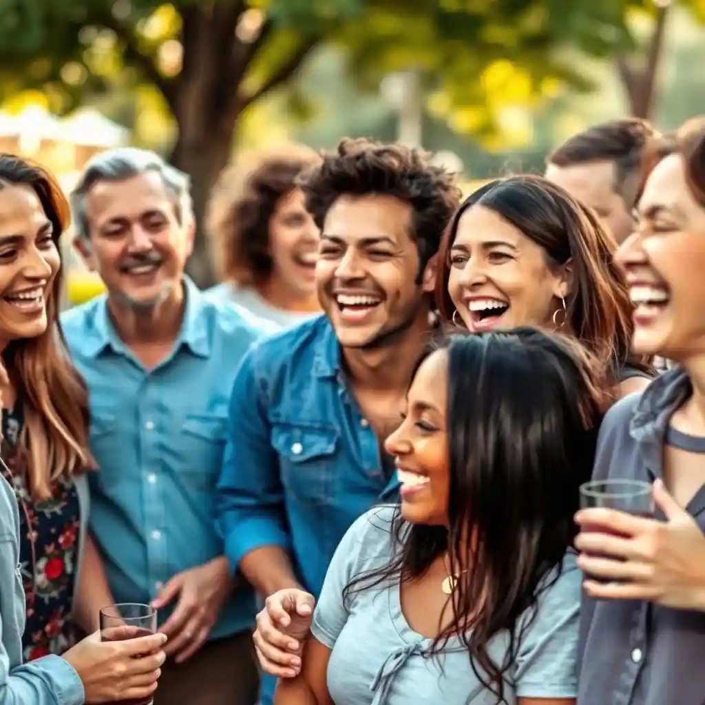 Diverse group of adults laughing and connecting at an outdoor gathering, symbolizing friendship and belonging.