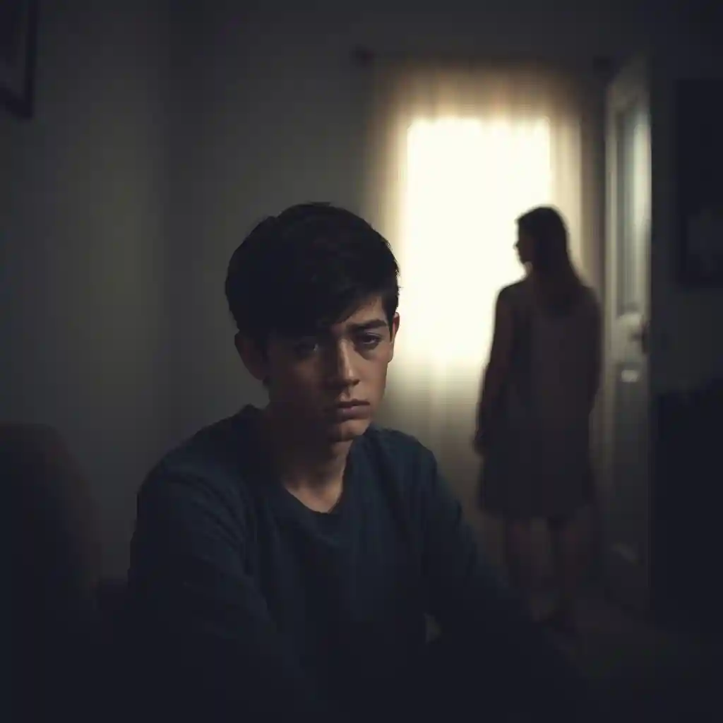 A young adult sits alone in a dimly lit room, looking distressed, with the blurred figure of a woman in the background, conveying the emotional pain of maternal abuse