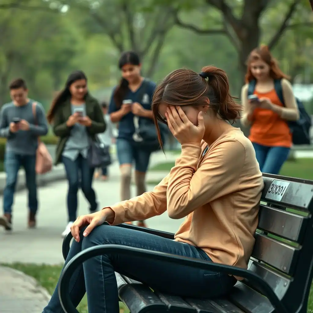 A distressed teenage girl sits alone on a bench while other teens interact in the background, illustrating the pain of social comparison.