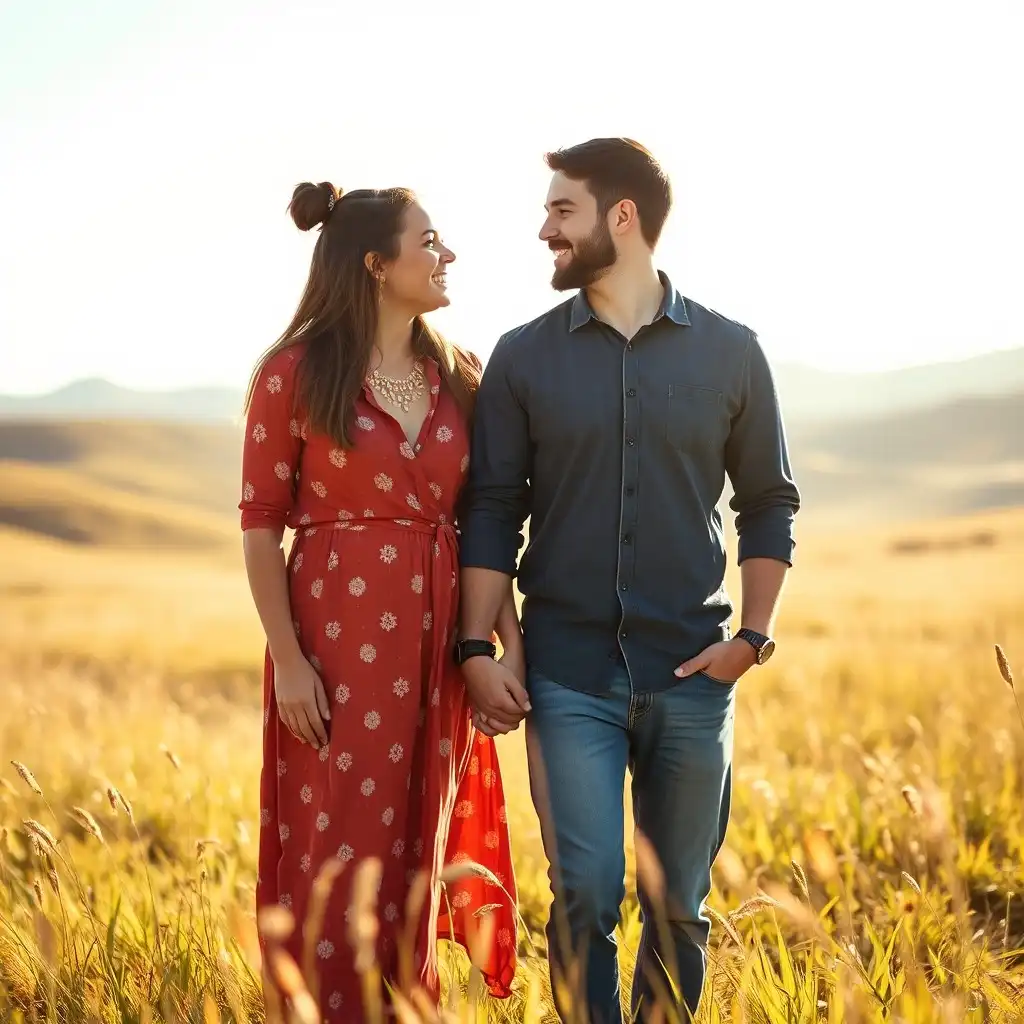 Diverse couple holding hands in a meadow, representing the joy and promise of premarital counseling