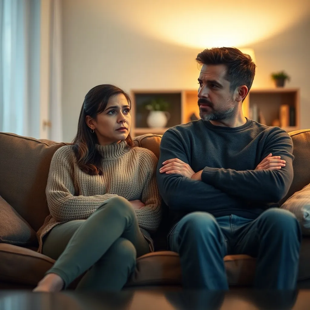 Couple on a couch, looking at each other, with the husband looking upset and arms crossed.