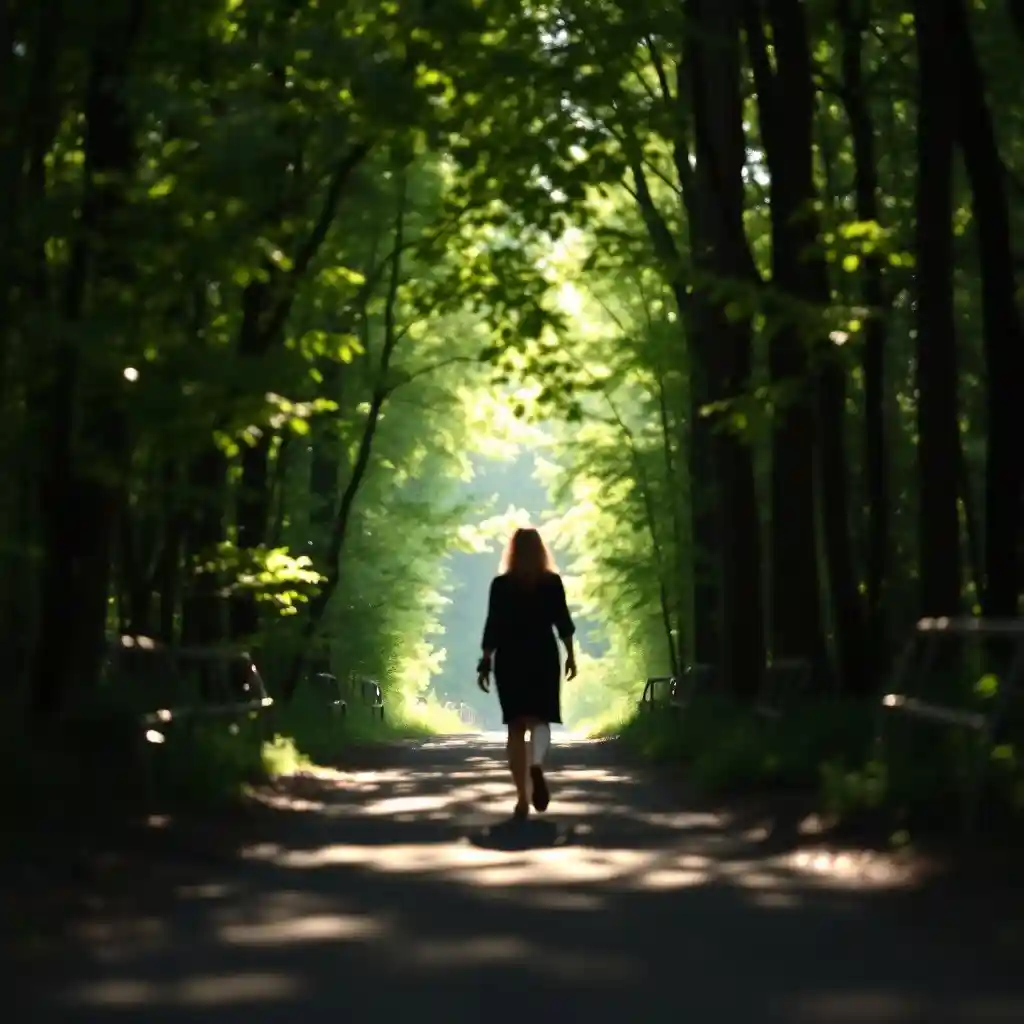 Person walking peacefully on a forest path, symbolizing the journey towards anger management and emotional well-being