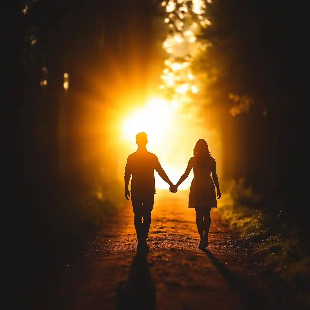 Two figures holding hands, walking a sunlit path, symbolizing healthy love and connection